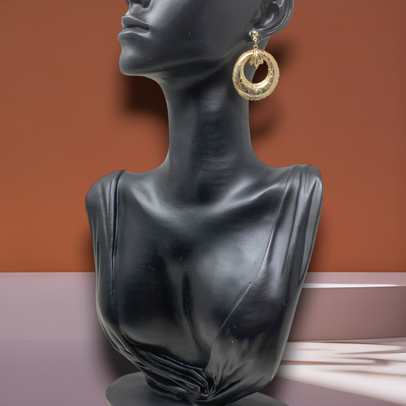 Vintage 1980s Gold Tone Engraved Pierced Dangle Earrings Bohemian Byzantine - Picture 3 of 5